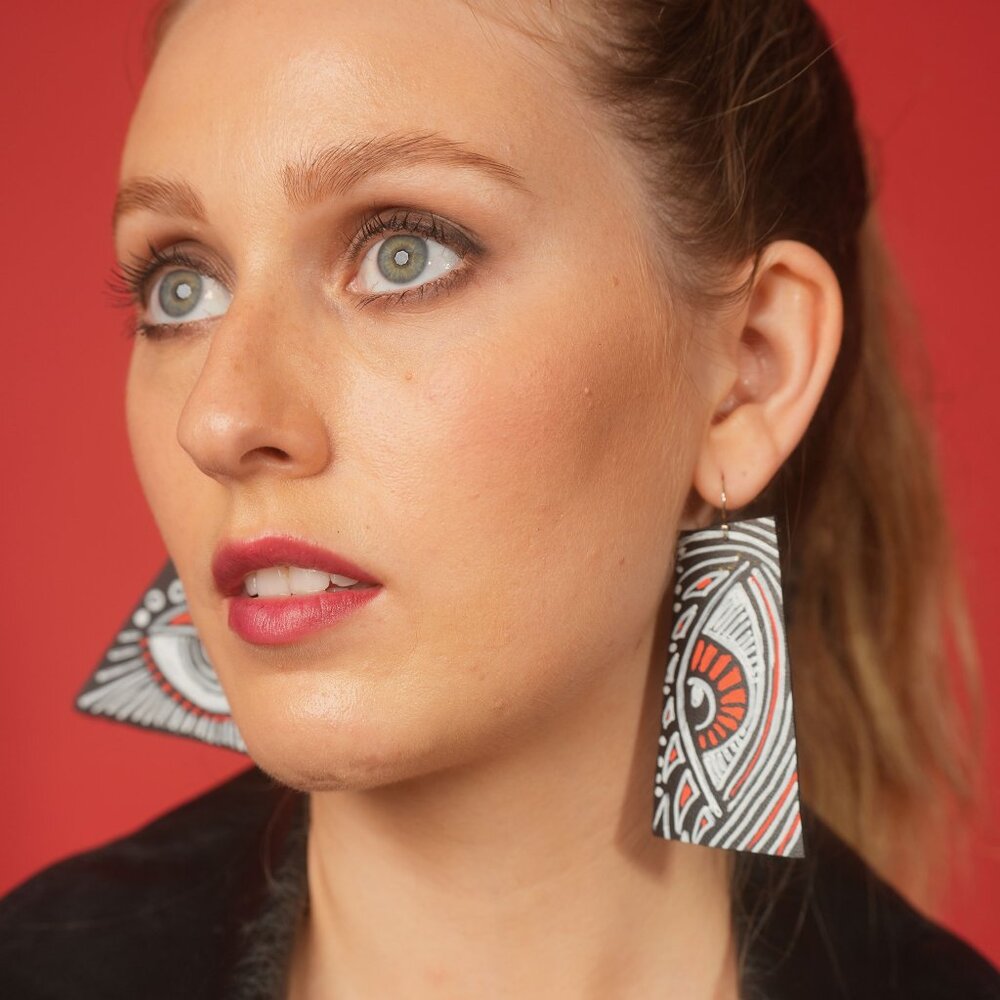 Unique Evil Eye Asymmetric Earrings from Upcycled Cactus Leather, Hand-Painted